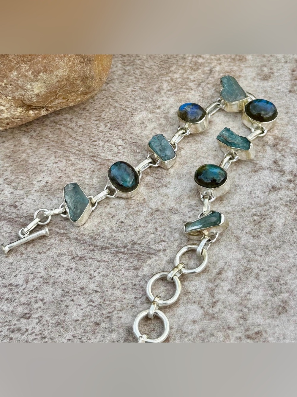 NWT Labradorite and Aquamarine Link Bracelet OR Anklet 10” Blue-Green